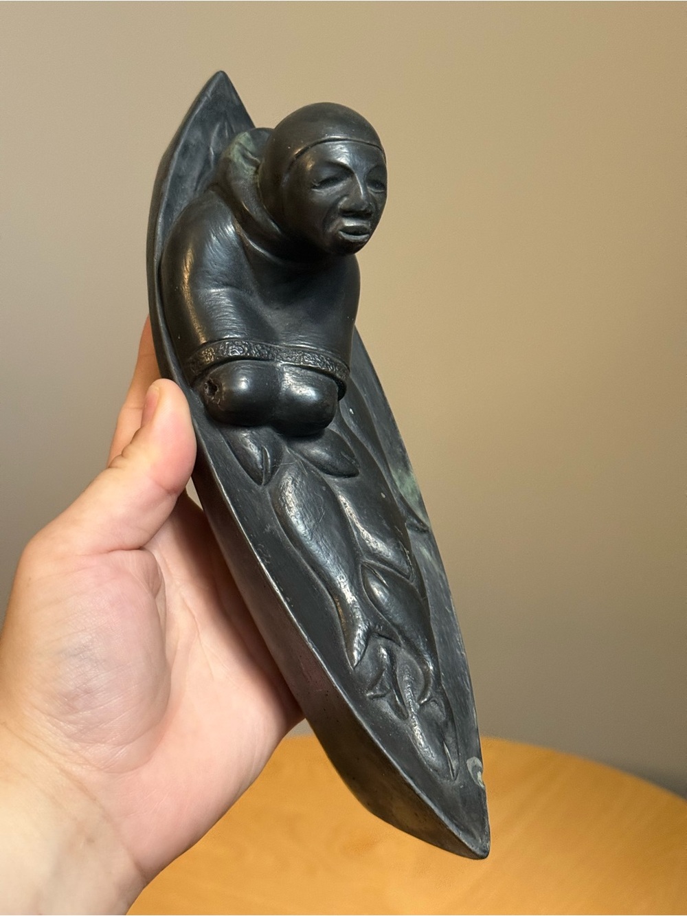 Inuit Canoe Fisherman Vintage c1972 Aardvark Canada Soapstone Carving Sculpture